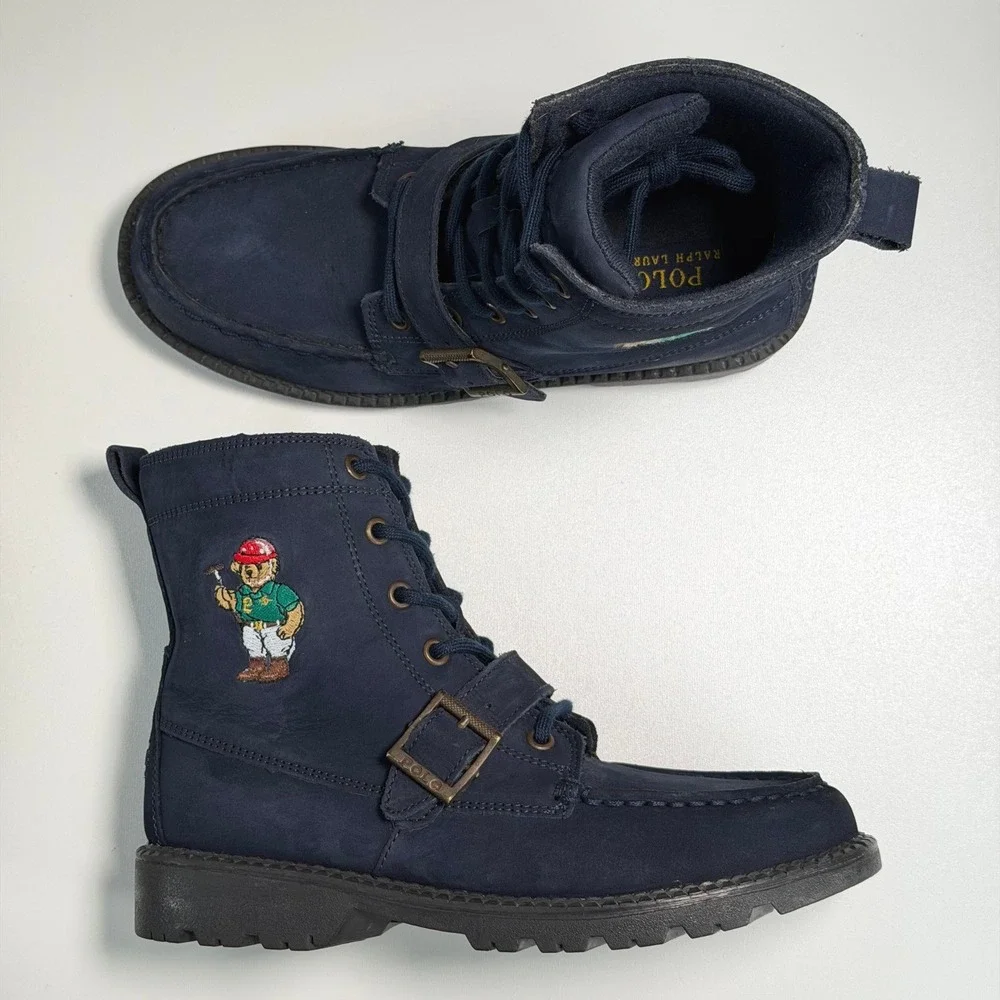 Polo Ralph Lauren Ranger Hi Boots Youth‎ 5 Sweater Bear Nubuck Buckle Strap Blue